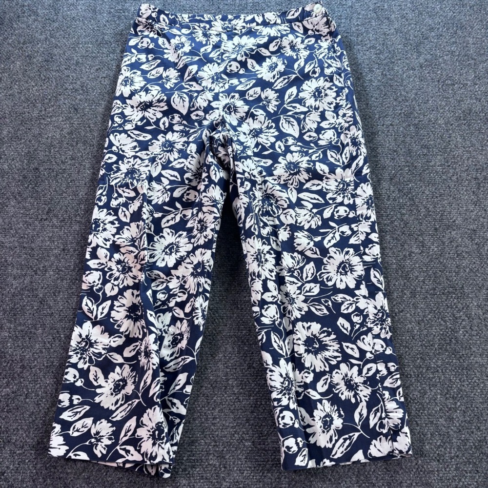 Lauren Ralph Lauren Floral Cropped Pants Womens 8 Navy Blue White Cotton Stretch